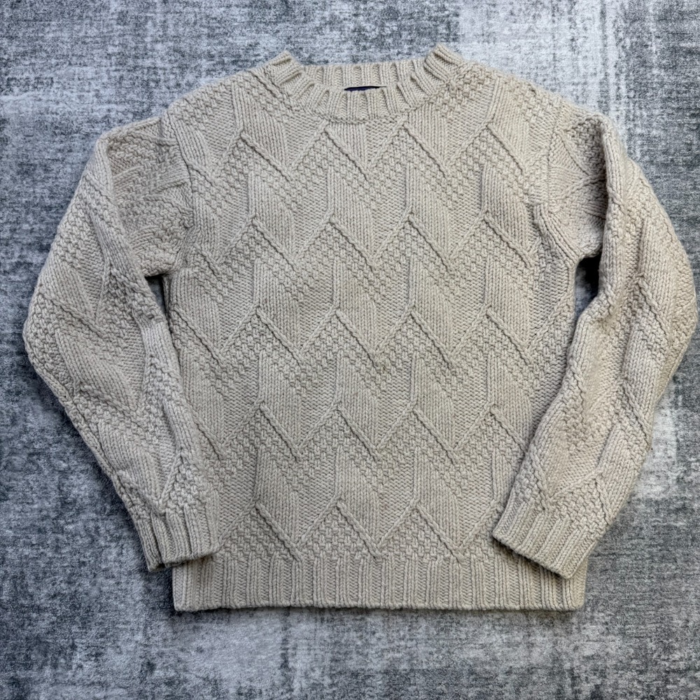 Patagonia Sweater Men Small Beige Cable Knit Diamond Fisherman Wool Crewneck Y2K